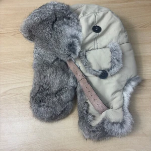 Vintage Mad Bomber Hat Large Brown Beige Trapper Rabbit Fur Winter Leather Strap - Picture 1 of 9
