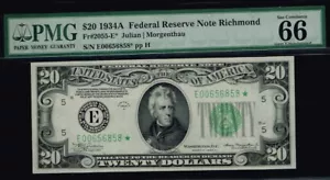 $20 1934A Richmond Star FRN. Fr. 2055-E*. STAR NOTE. PMG 66 EPQ - Picture 1 of 3