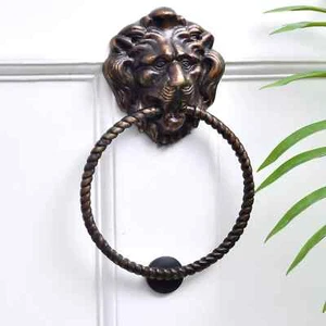 Brass Door Knocker With Rope Ring Lion Face Front Doorbell 7.8 Inches - Picture 1 of 5
