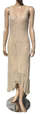 Y2K Sue Wong Beige 100% Silk Asymmetrical Beaded Formal Fairy Slip Dress sz 8 - Image 1 of 4