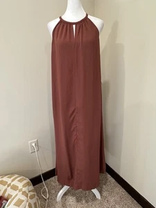 Eileen Fisher Maxikleid XS braun Schlüsselloch Neckholder Gürtel fehlt - Bild 1 von 4
