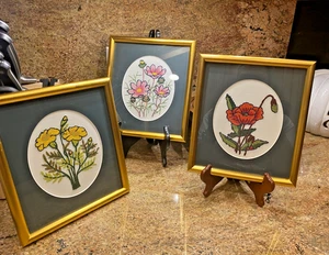 Japanese Punch Embroidery Framed Art flowers Needlepoint Vtg 1990s WALL ART - Picture 1 of 15