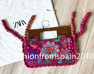ZARA NEW WOMAN SMALL WOODEN HANDLE EMBROIDERED FLOWER BAG FUCHSIA 4751/018/630 - Image 1 of 4