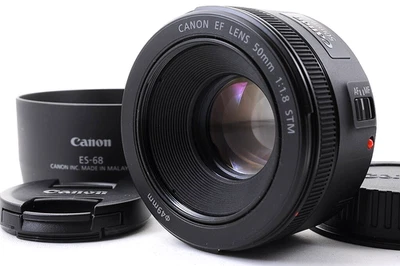 Canon 50mm F1.8 EF STM AF Standard Lens w/ES-68S Hood TOP MINT From Japan - Image 1 of 4