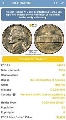 1963 5c FS Jefferson Nickel PCGS MS67FS 5319  - Image 1 of 4