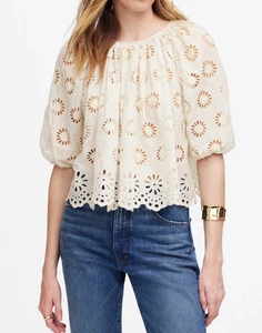 Madewell Shirt Top bestickt gerafft Puffärmel Ösen creme NV195 Gr. XXS Neu mit Etikett - Bild 1 von 8