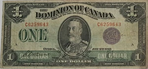 1923 Dominion of Canada KG V One Dollar SN# C6259643 *RARE SCARCE* PURPLE SEAL - Picture 1 of 4