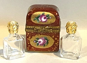 LIMOGES PEINT MAIN Trinket Box-PARIGI DECORO ROSA FLOREALE 2-BOTTIGLIE PROFUMO ingioiellate - Foto 1 di 11