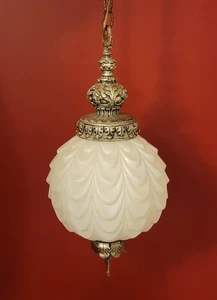 VTG Fredrick Ramond Swag Lamp White Drapped Glass Shade Gold Cast Metal SEE - Picture 1 of 10