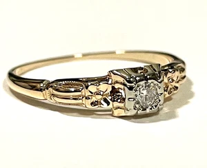 Anello Vintage Estate Deco Oro Giallo 14k Quadrato Diamante Fascia Nouveau Tg 7 - Foto 1 di 12