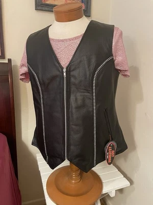 Hot Leathers 女式 3X 黑色皮革背心带水钻隐藏携带全新带标签 — 第 1/4 张图片