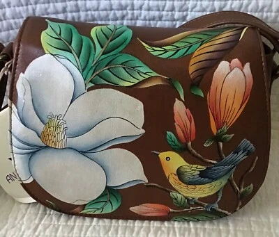 BOLSO DE MANO ANUSCHKA VINTAGE DE CUERO DE PÁJAROS PINTADO A MANO ALFORJA PEQUEÑA Foto 1 de 4
