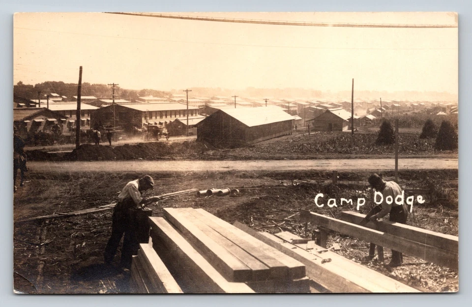 RPPC Men Cut Wood at CAMP DODGE Depot St. DES MOINES IA Postcard AZO 1918-1930 - Image 1 of 2