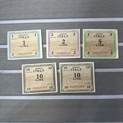 Italy Allied Military Currency Series 1943 1 2 5 and 10 Lire Notes Circulated - Image 1 of 2