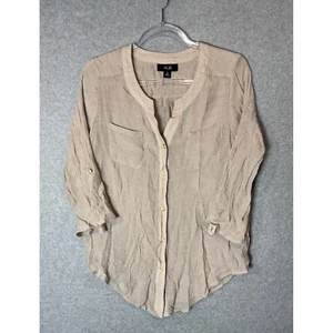 AGB Shirt Womens Medium Beige Rayon Pockets Round Neck Roll Tab Sleeve Button-Up - Picture 1 of 10