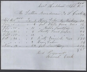 EAST HADDAM, CT ~ SAMUEL COOK mss. Invoice for House Woodwork & Labor, 1855 - Picture 1 of 2