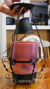 VINTAGE CRANBERRY SWIRL GLASS HANGING OIL LAMP & WROUGHT IRON FIXTURE - Picture 1 of 8