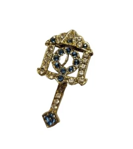 Vintage Cuckoo Clock Brooch Pin Rhinestone Light Blue Clear - Picture 1 of 4