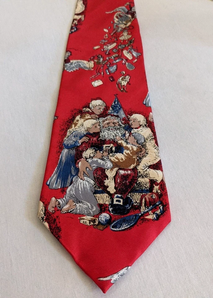 Vintage Dillards Santa With Children Toys Men's Christmas Tie Silk Red - Image 1 of 4