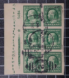 Scott 383 1 Cent Franklin Used Plate Block Left # 5484 Sideographers Initials - Picture 1 of 2