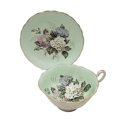 Paragon Green Hydrangea Double Warrant Bone China A1427 Footed Teacup Saucer Set - Image 1 of 4