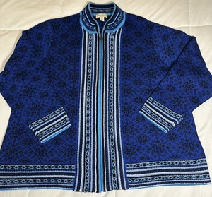 Appleseeds Cardigan Women 2XL Royal Blue Black Fair Isle Wool Nordic Snowflake - Picture 1 of 12