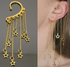 Gold Star Cuff Earring Celestial Long Chain Jewelry Non Pierced Women Ear Wrap - Picture 1 of 22