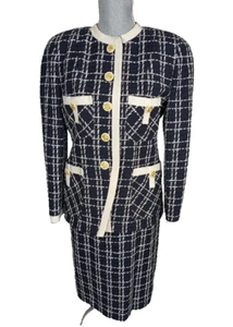 Christian Dior Tweed Cotton Blend Navy Plaid Skirt Suit, 10, Vtg New - Picture 1 of 14