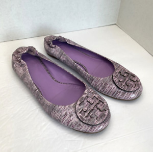 Tory Burch Women's Embossed Purple Leather Ballet Flats Print Logo Shoes Sz 8.5M