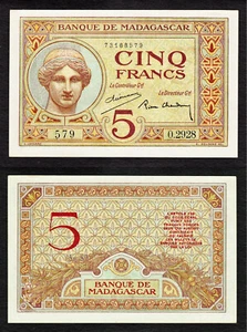 Madagascar 5 Francs ND (1937) Goddess Juno Pick-35 CHOICE UNC - Picture 1 of 1