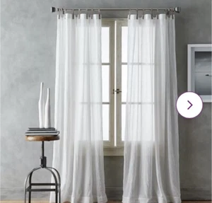 DKNY City Breeze White Window Curtain Panels with Taupe Faux Leather Tabs 50x84” - Picture 1 of 9