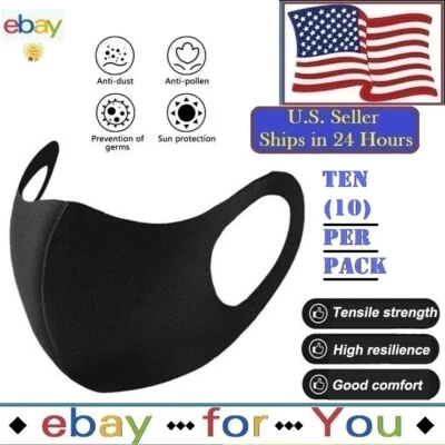 10 Set of Face Masks Reusable Washable Breathable Unisex Black Face Mask USA - Image 1 of 4