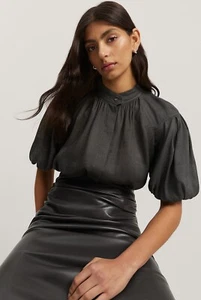 COUNTRY ROAD YOKE DETAIL LINEN SILK BLEND BLOUSE TOP in Charcoal RRP$199 size 12 - Picture 1 of 4