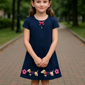 Gymboree Girls Dark Blue Short Sleeve Dress - Dog Embrodry at Bottom - Size 7 - Picture 1 of 6