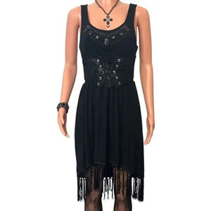 NY Collection Gothic Kleid Gr. M schwarz Hexenfee Grunge Fransen Gothic Perlen - Bild 1 von 17
