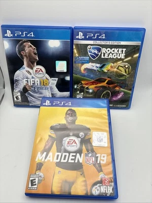 Lot of 3 Sony PS4 PlayStation 4 Sports Games- Rocket League, Madden 19 & FIFA 18 - Image 1 of 4