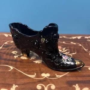 Vintage Fenton Black Glass Slipper Shoe Floral Design Hand Painted And SIGNED - Picture 1 of 4