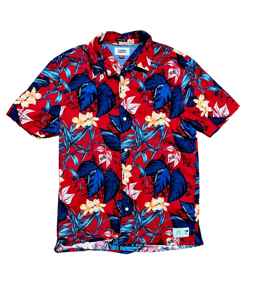 男式中号 Tommy 牛仔花卉复古短袖纽扣衬衫 — 第 1/4 张图片