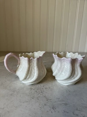 Vtg Belleek Pottery Twisted Neptune Pink Creamer Pitcher & Sugar Bowl 6th Mark - Image 1 of 4