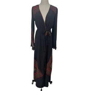 Stone Cold Fox Women's Size 2 S Geometric Silk Robe Wrap Dress Black Red - AC - Picture 1 of 11