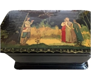Caja baratija lacada negra arte popular ruso interior rojo pintada a mano LEER - Imagen 1 de 10