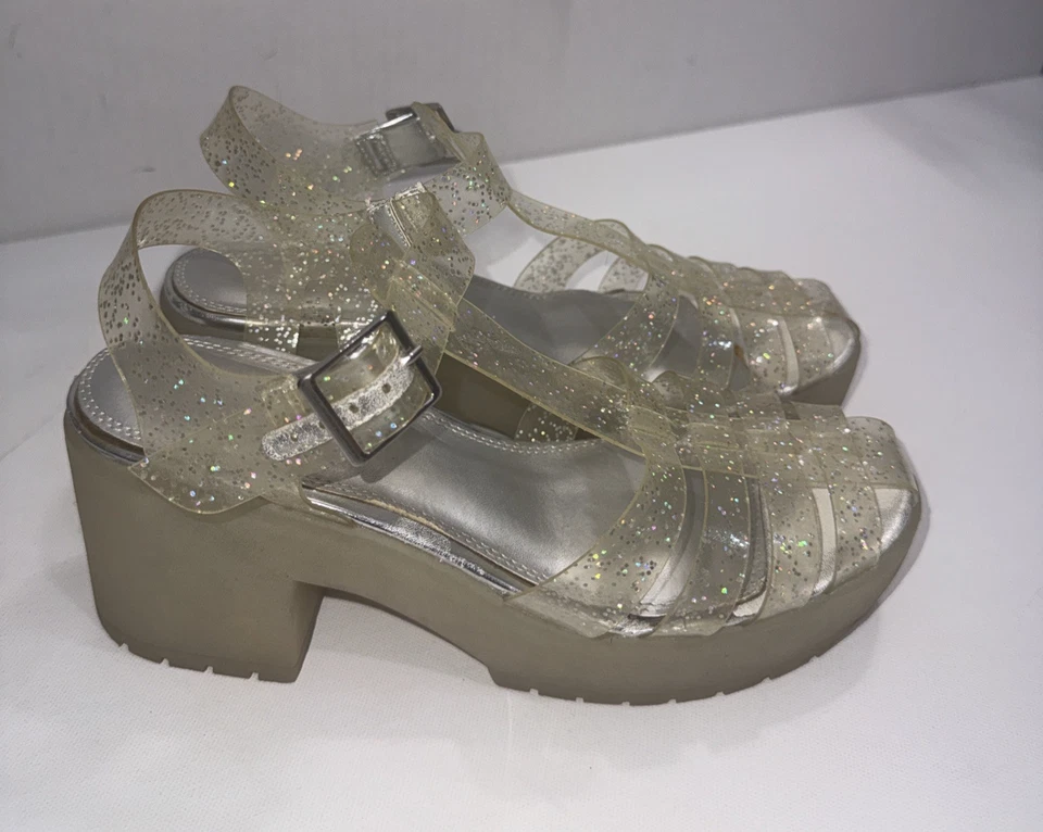 Sandalias Zuecos Asos Gruesas Y2K Años 90 Plata Transparente Brillo Plataforma Jalea Tacón 7 Foto 1 de 4