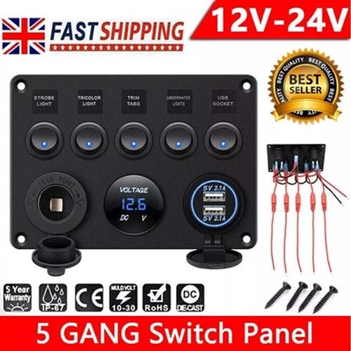 5 Gang 12V/24V Inline Fuse Box LED Switch Panel Dual USB Car Boat Truck ...