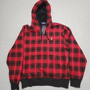 Polo Ralph Lauren Men's Red Tartan Plaid Sherpa Fleece Lined Hoodie Medium New - Picture 1 of 11