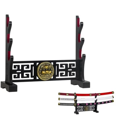 Suporte de espada 3 camadas madeira Katana suporte preto com cabeça de leão dourado rack de exibição - Imagem 1 de 4