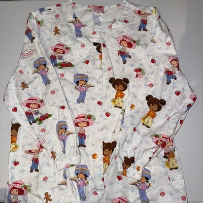 VINTAGE Strawberry Short Cake Women Scrub Top XL X-LARGE Long Sleeve Button 2003 - Image 1 of 4