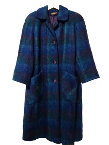 S/M Vtg 80s Women's Alorna Mohair Vibrant Blue Teal Purple Plaid Fashion Coat - Picture 1 of 10