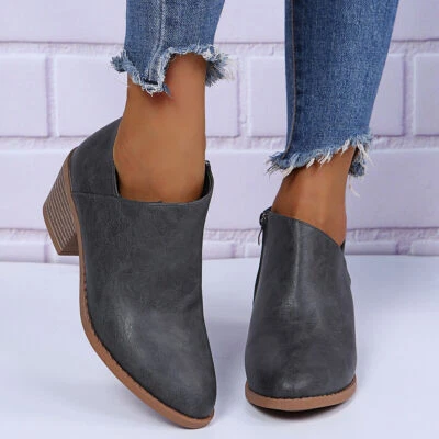 Women's Ankle Boots Slip On Cut Out Pointed Toe Chunky Low Top Mid Heel Zip Shoe - Image 1 of 4