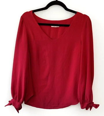 Blusa Estelle Mujer L Informal Cuello en V Puño Atado Manga Larga Dobladillo Redondo Top Rojo Foto 1 de 4