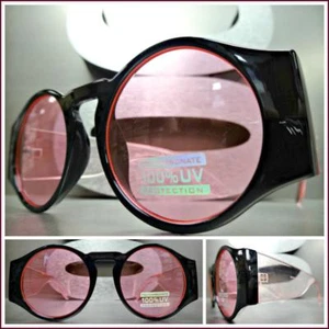 Oversized Exaggerated Classic Retro SUNGLASSES Thick Round Black Frame Pink Lens - Picture 1 of 7